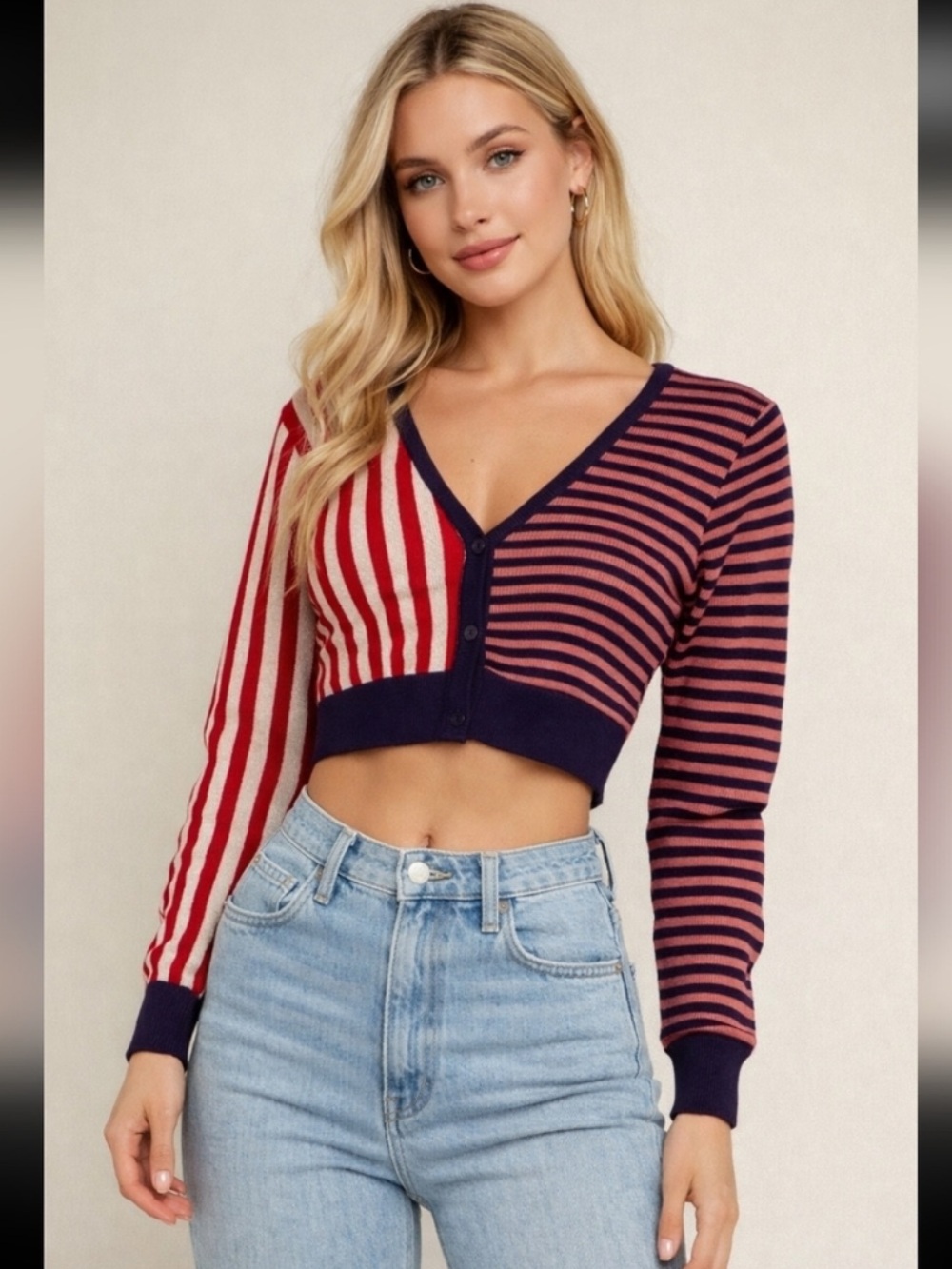 wild fable Red & Navy Mixed-Stripe Cropped Cardigan